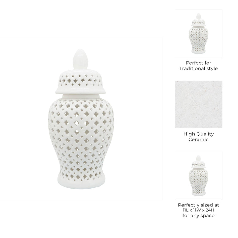 Ceramic Intricate Cut Out Lidded Jar - White, 24 in.