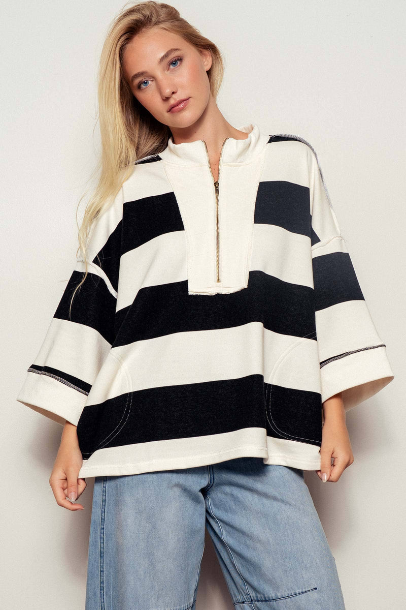 Oversized Half Zip Bold Stripe Statement Pullover Sweatshirt