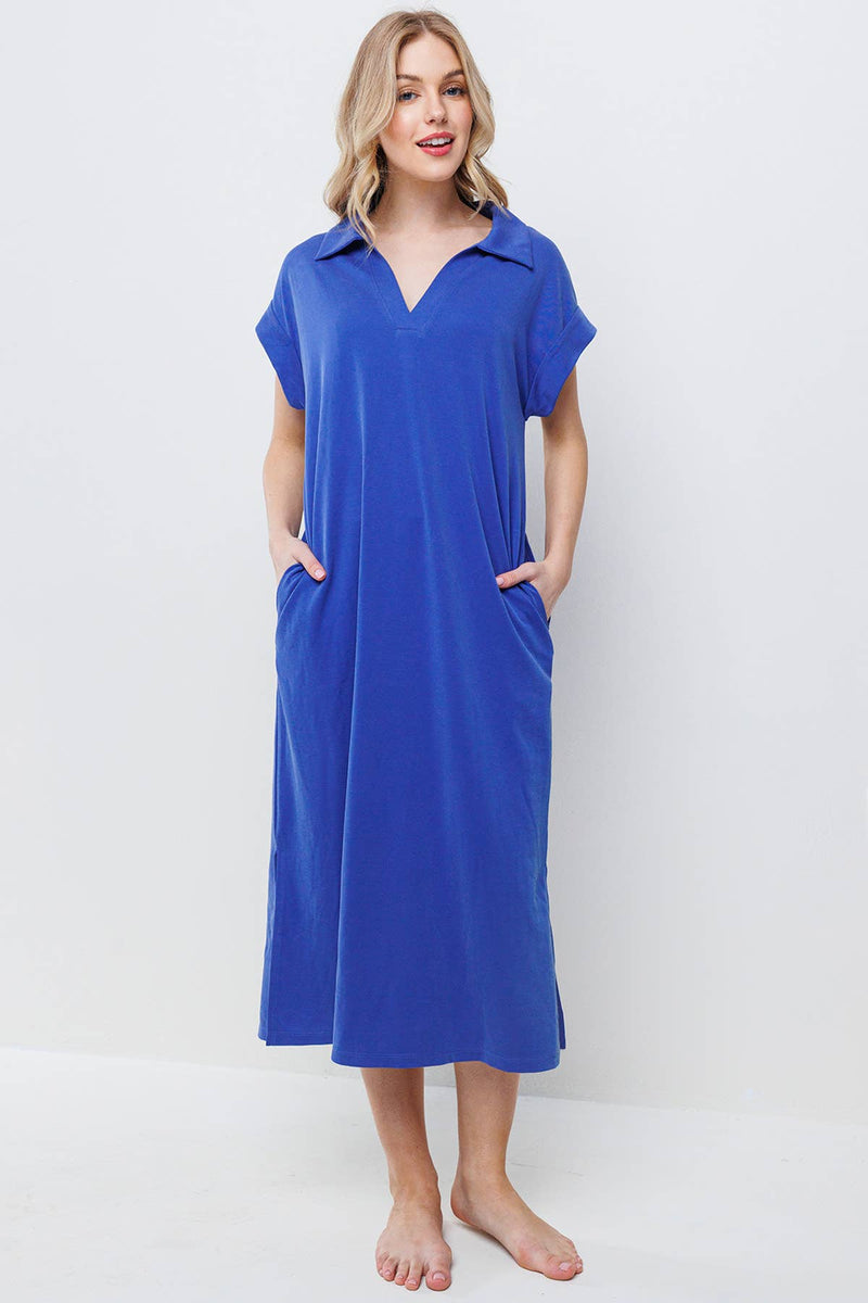 Plus Collared Roll-Up Short Sleeve Midi Dress