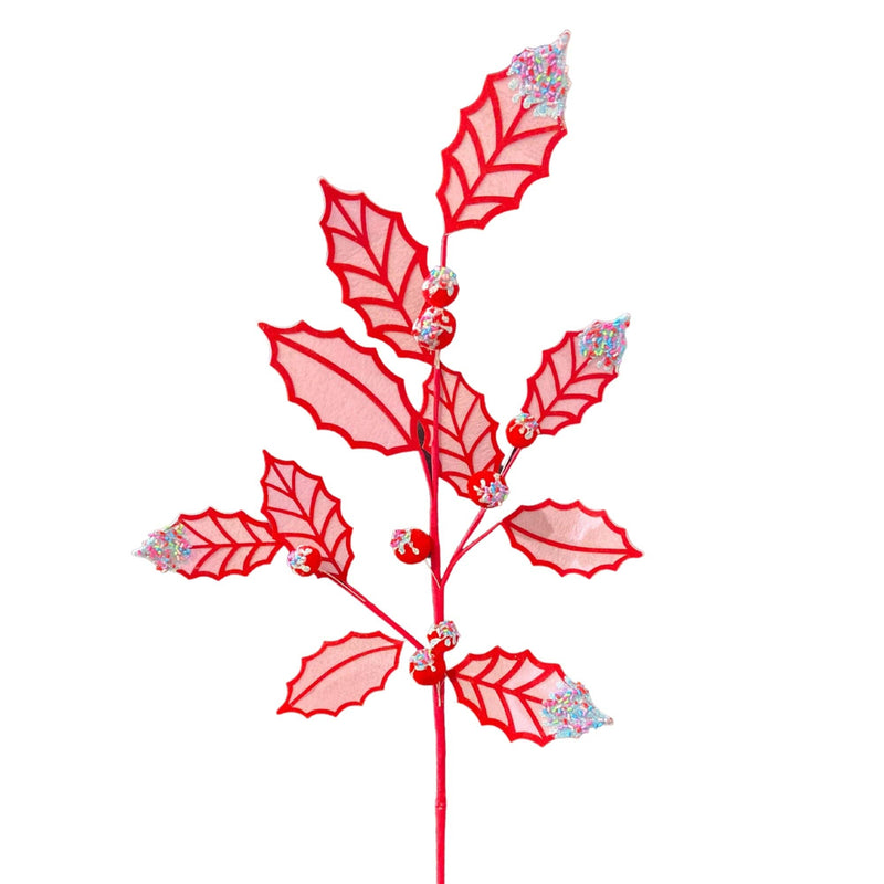 Christmas Confetti Chenille Ball Holly Spray 24" - Pink/Red