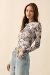 Floral Mesh Raglan-Sleeve Mock-Neck Thumbhole Top