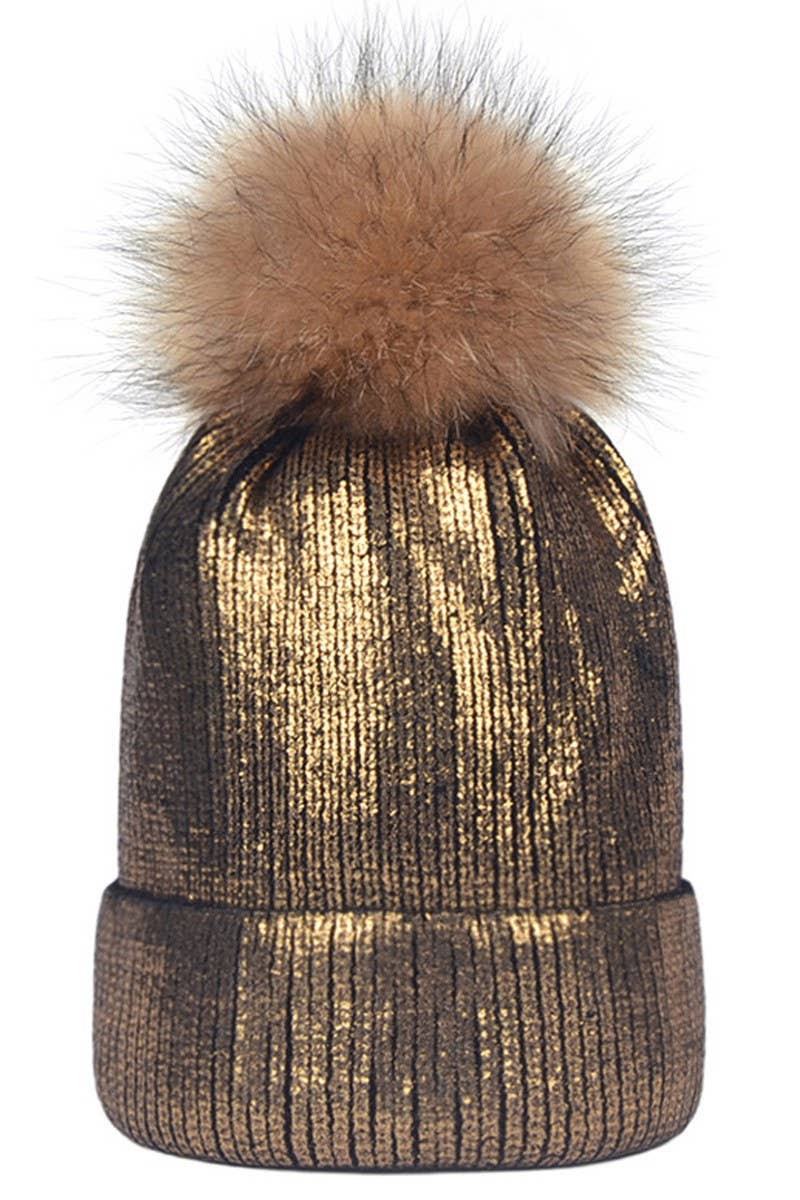 METALLIC SPARKLY FLUFFY POM POM BEANIE SILVER