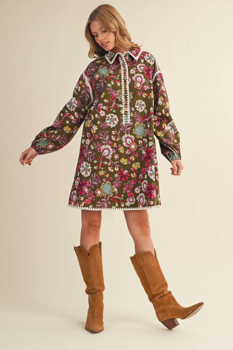 BLANKET STITCH BUTTONED MINI DRESS