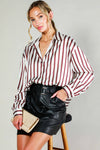 Collard Vertical Striped Printed Satin Blouse Top VT81315