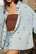 Star Print Washed Denim Shirt Jacket Shacket