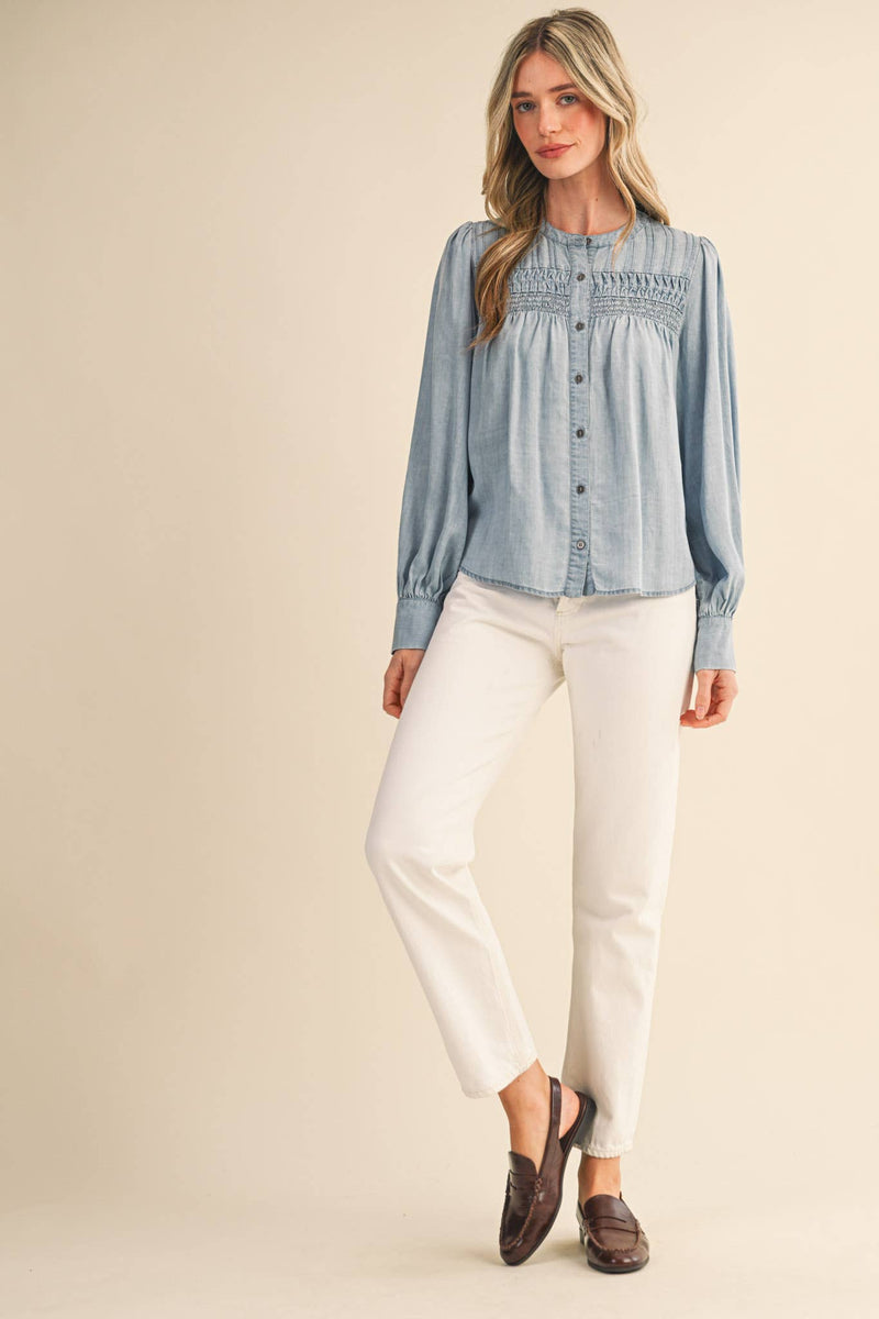 CHAMBRAY BUTTON DOWN TOP WITH PINTUCK DETAIL MTP4363