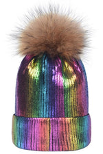 METALLIC SPARKLY FLUFFY POM POM BEANIE SILVER