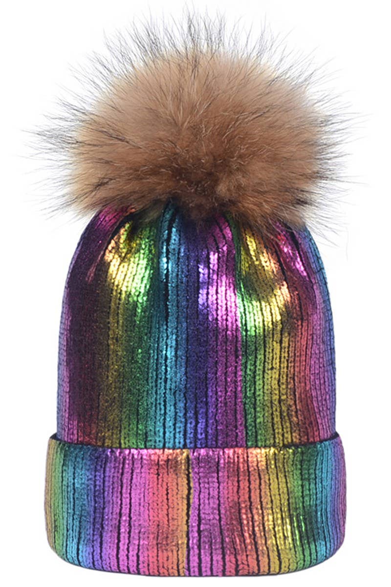 METALLIC SPARKLY FLUFFY POM POM BEANIE SILVER