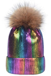 METALLIC SPARKLY FLUFFY POM POM BEANIE ROSE