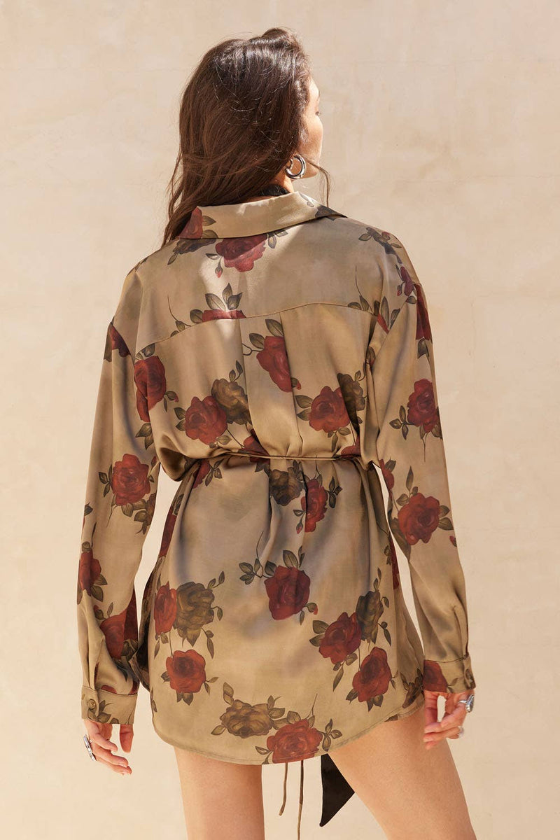 Floral Satin Belted Button-Up Shirt Romper