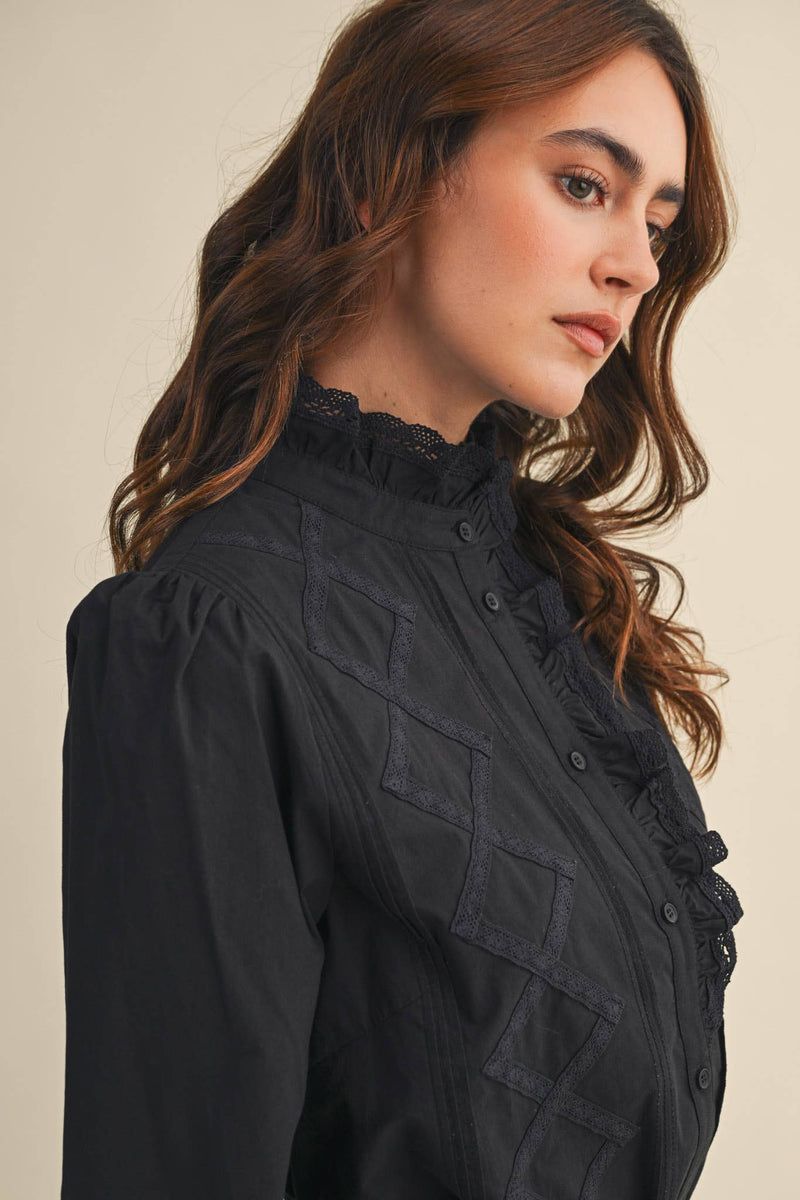RUFFLED LACE TRIM BUTTON DOWN TOP MTP4210