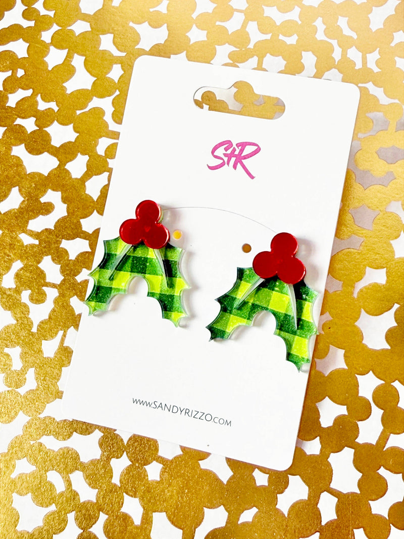 Green Plaid Acrylic Holly Statement Stud Earring