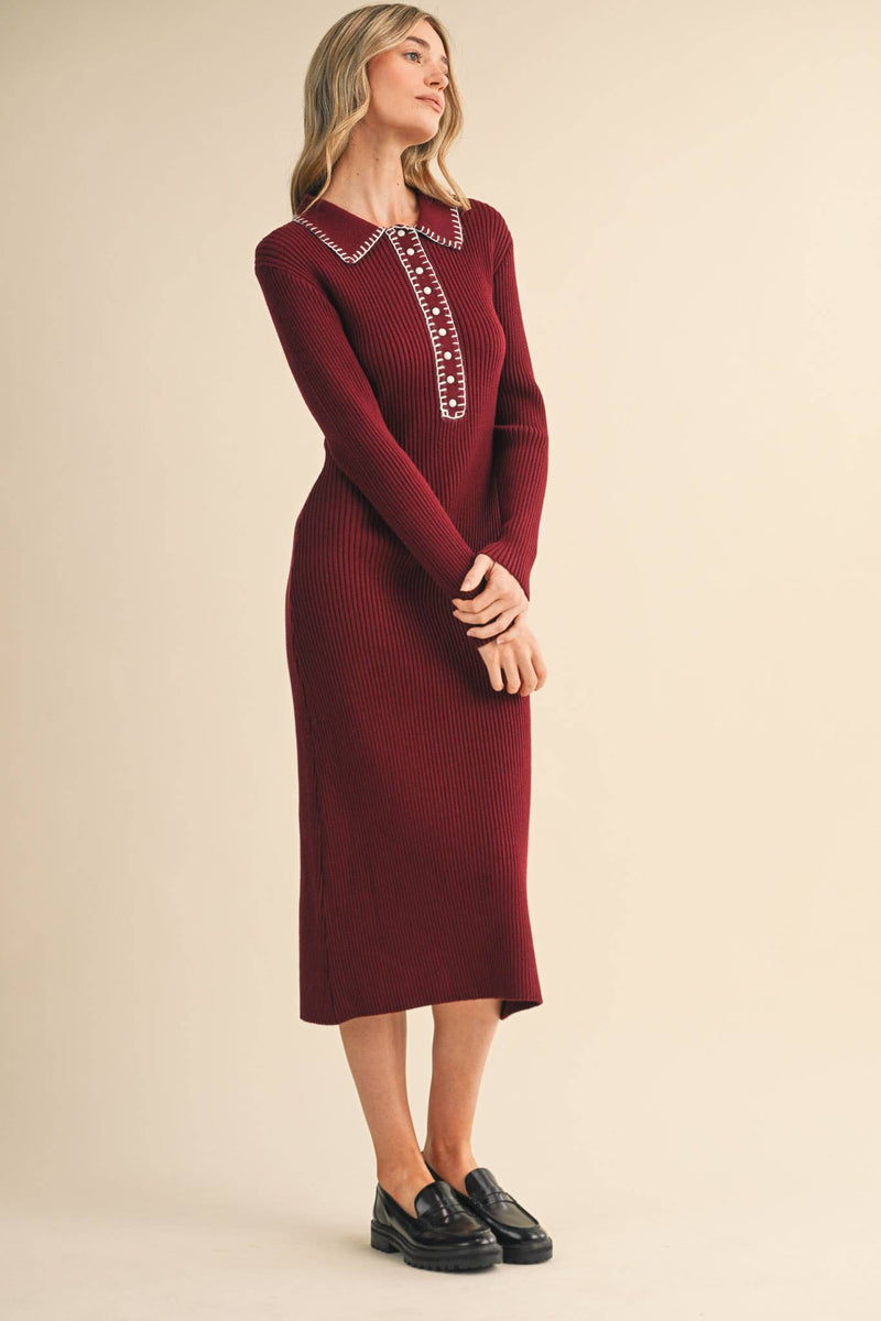 RIBBED SWEATER MIDI DRESS WITH CONTRAST STITCH