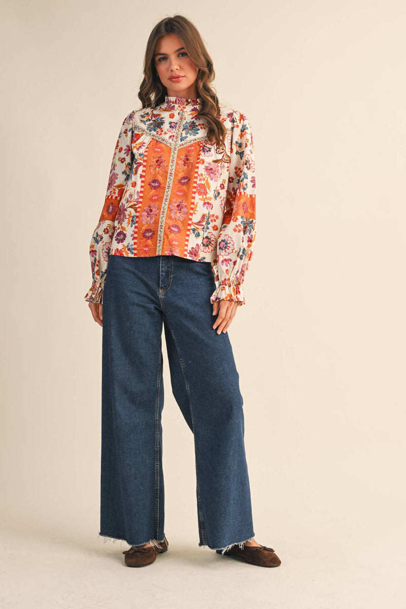 EXCLUSIVE FLORAL BORDER PRINT TOP WITH FLORAL TRIM