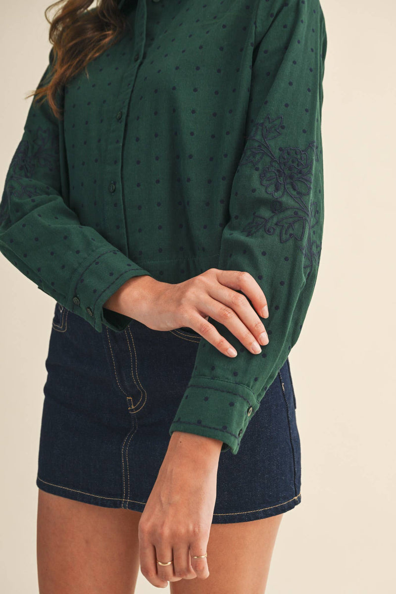 POLKA DOT FLORAL EMBROIDERY BUTTON UP TOP