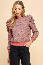 CW2569-Floral Print Long Puff Sleeves Sweater