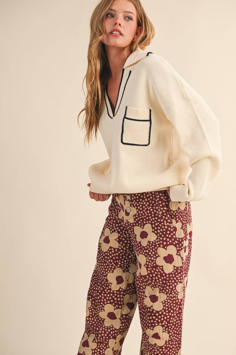 RIBBED COLLARED PULLOVER SWEATER