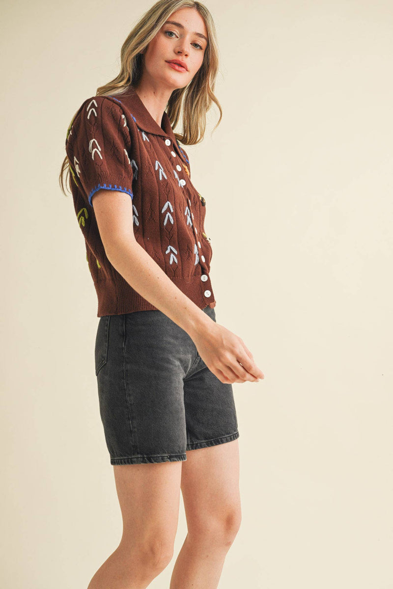 HAND EMBROIDERED SHORT SLV BUTTON DOWN SWEATER