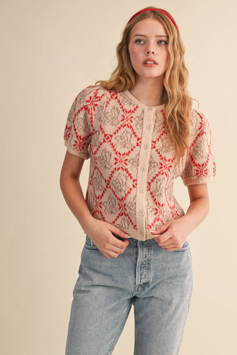 FLORAL SHORT SLEEVE SWEATER CARDIGAN