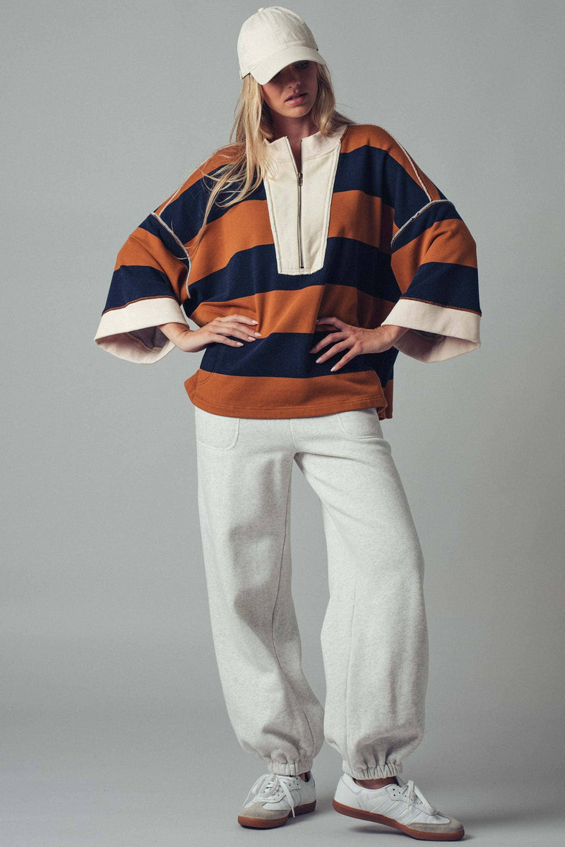 Oversized Half Zip Bold Stripe Statement Pullover Sweatshirt