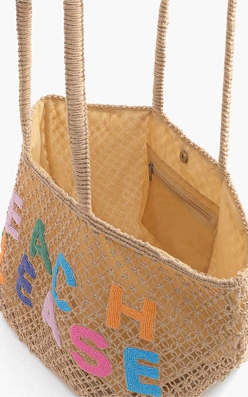 Beach Please Beaded Macrame Jute Tote
