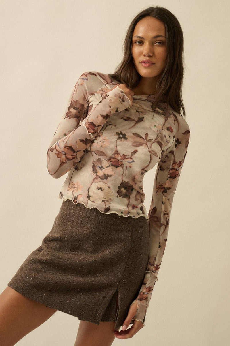 Floral Mesh Raglan-Sleeve Mock-Neck Thumbhole Top