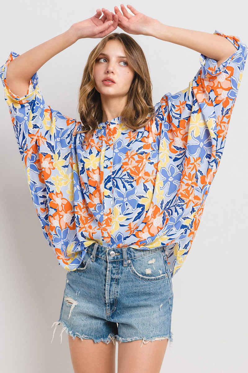 Floral Print Button Down Blouse Top