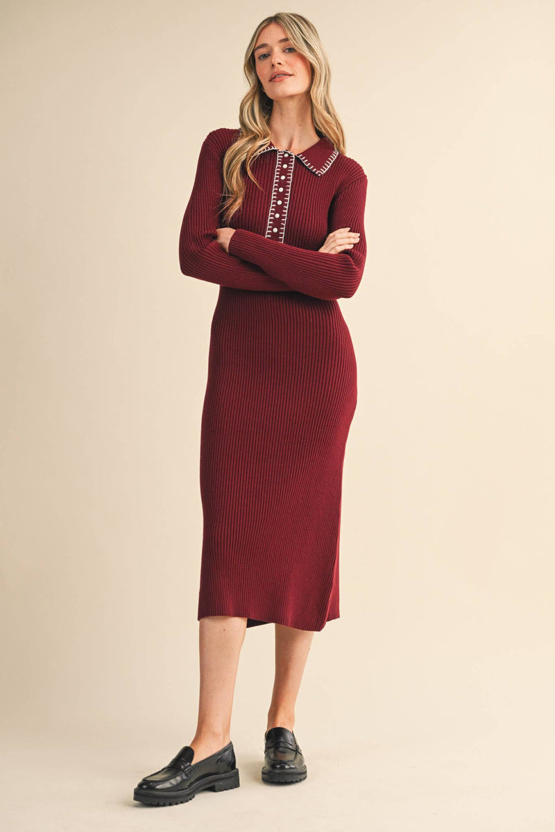 RIBBED SWEATER MIDI DRESS WITH CONTRAST STITCH