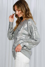 Crew Neck Cable Metallic Foil Knitted Sweater