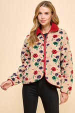 Floral Fabric Collared Sherpa Jacket