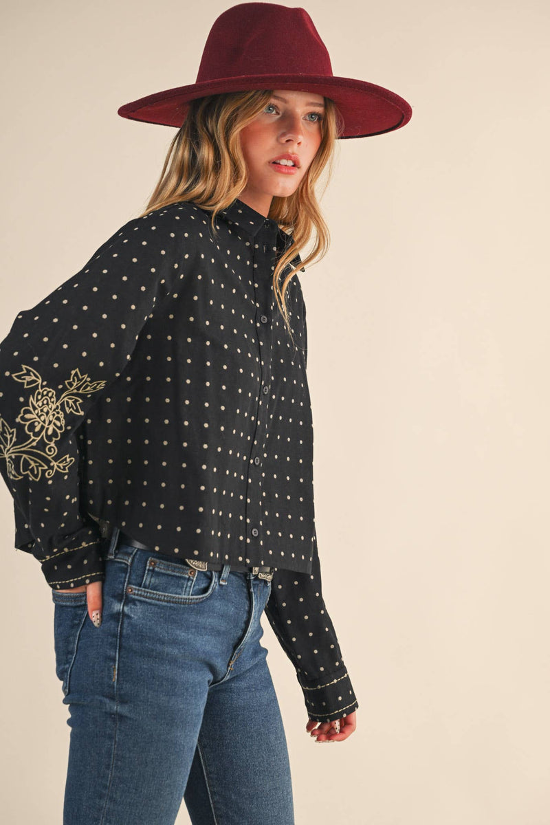 POLKA DOT FLORAL EMBROIDERY BUTTON UP TOP