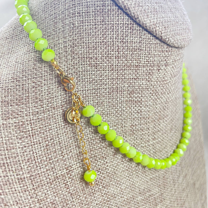 Barb// Green Neon Crystal Beaded Handknotted Necklace