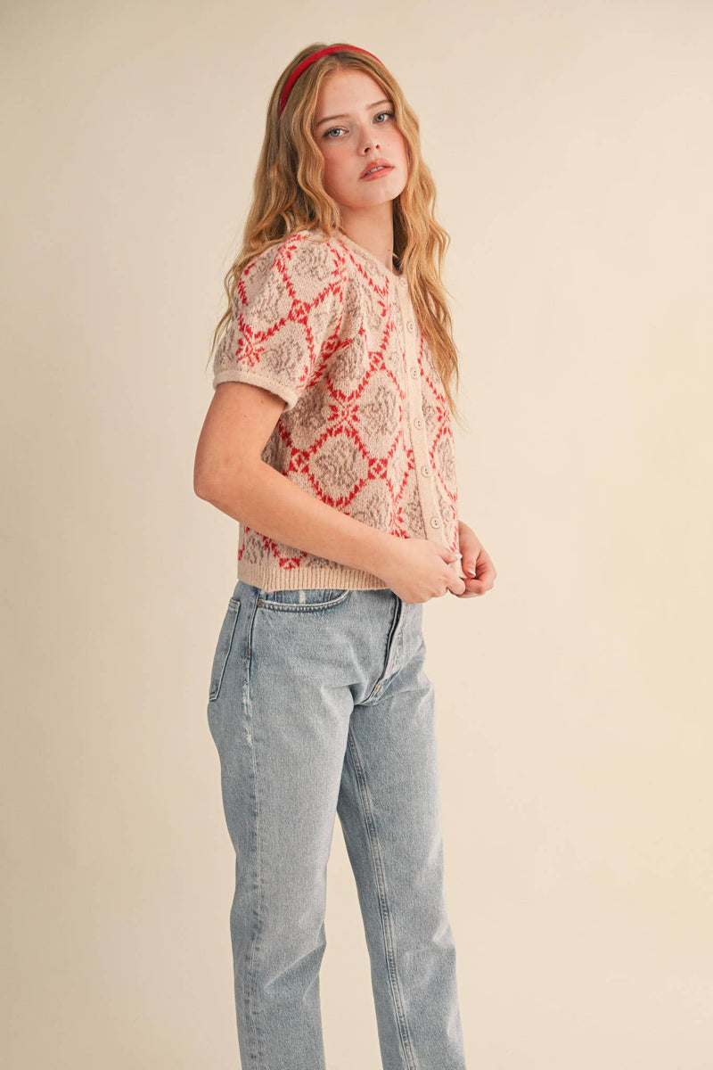 FLORAL SHORT SLEEVE SWEATER CARDIGAN