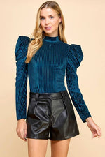 Mock Neckline Striped Velvet Bodysuit