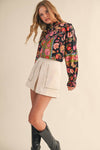 EXCLUSIVE FLORAL BORDER PRINT TOP WITH FLORAL TRIM