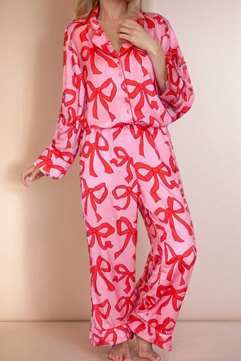 Bow Print Button Up Shirt and Loose Pants Pajama Set