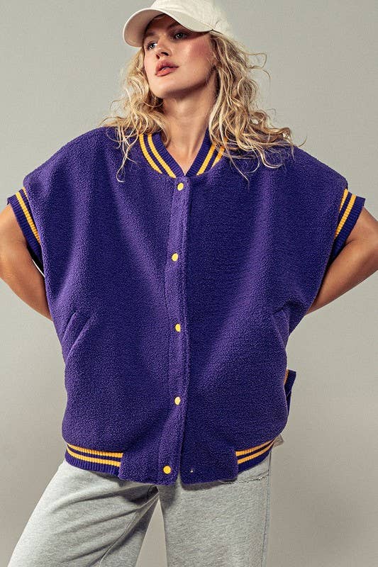 Oversized Sherpa Textured Varsity Button Front Vest