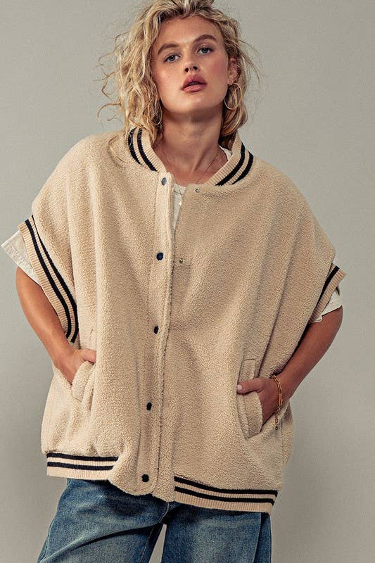 Oversized Sherpa Textured Varsity Button Front Vest