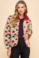 Floral Fabric Collared Sherpa Jacket