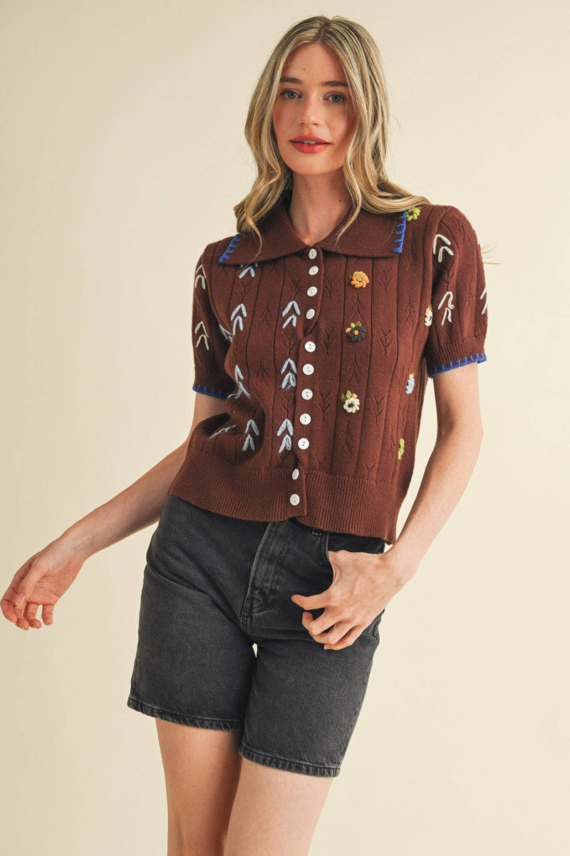 HAND EMBROIDERED SHORT SLV BUTTON DOWN SWEATER