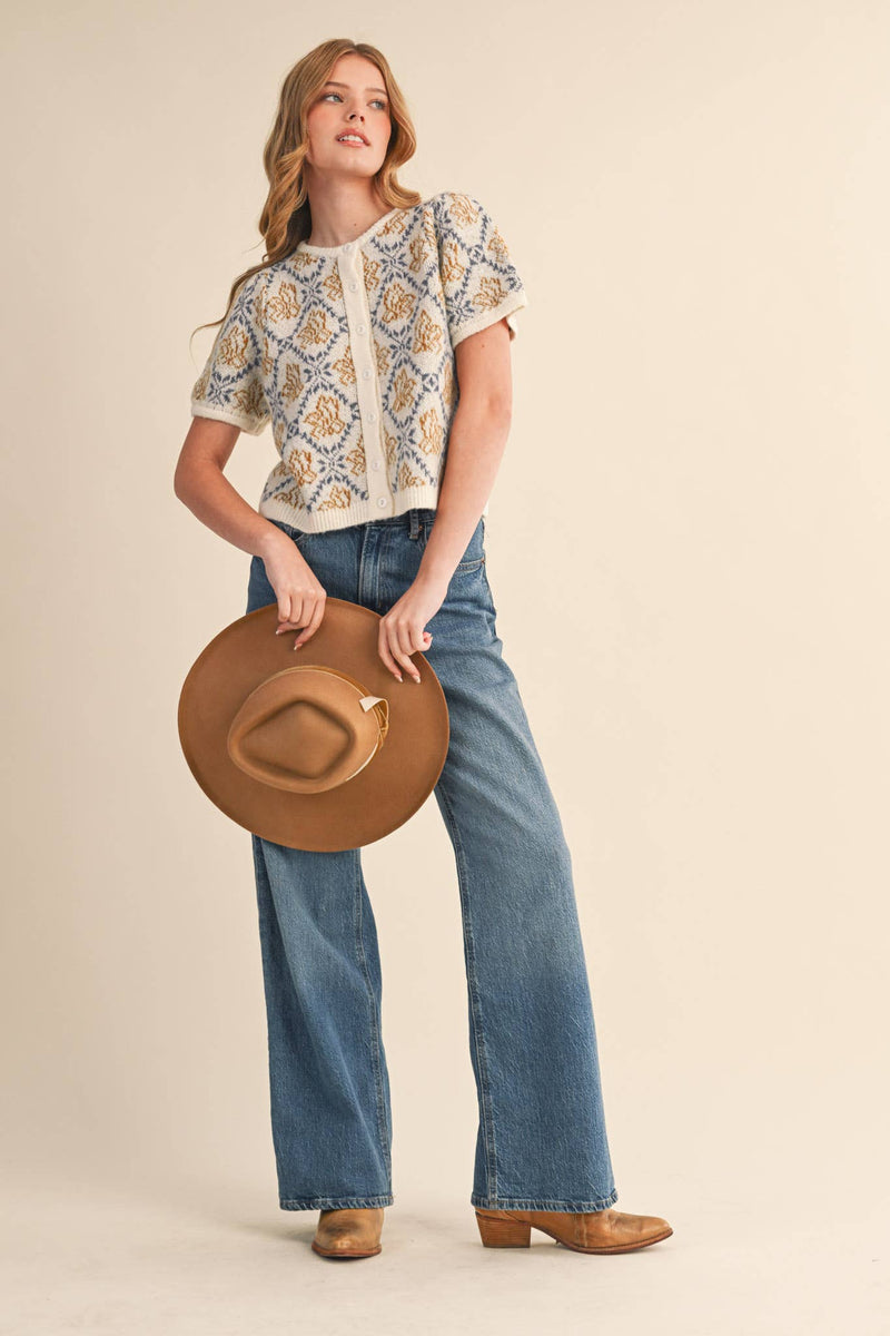FLORAL SHORT SLEEVE SWEATER CARDIGAN