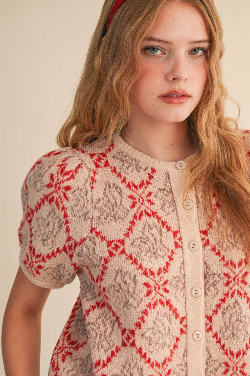 FLORAL SHORT SLEEVE SWEATER CARDIGAN