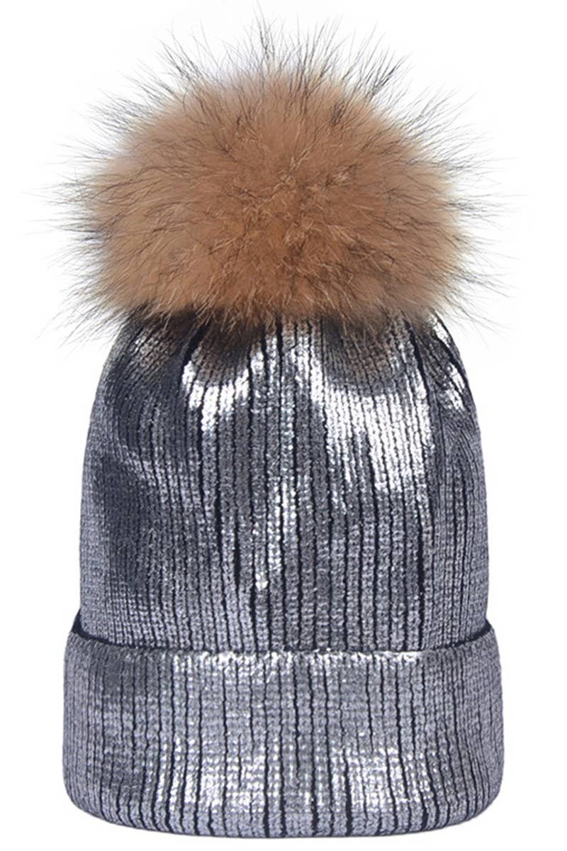 METALLIC SPARKLY FLUFFY POM POM BEANIE ROSE