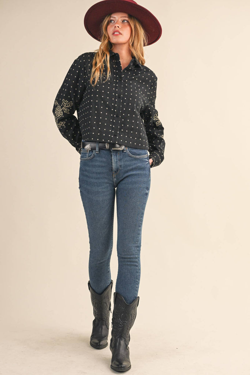 POLKA DOT FLORAL EMBROIDERY BUTTON UP TOP
