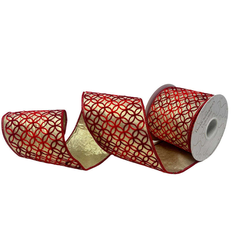 Red Chain Embroidery on Metallic Gold Ribbon 4" x 10yd