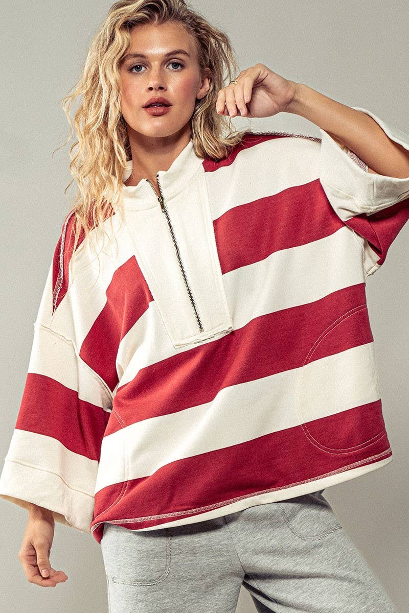 Oversized Half Zip Bold Stripe Statement Pullover Sweatshirt