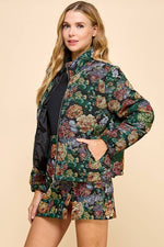 Corduroy Floral Printed Puffer Jacket