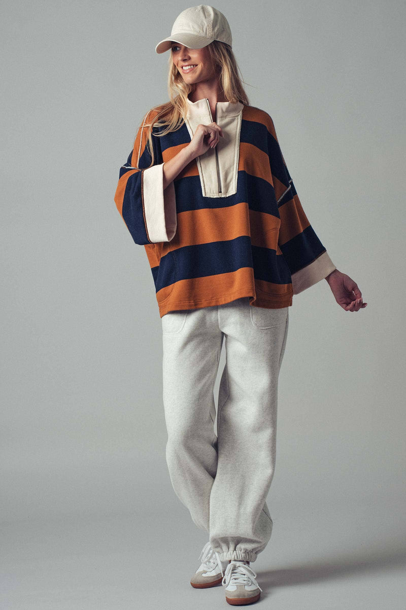 Oversized Half Zip Bold Stripe Statement Pullover Sweatshirt