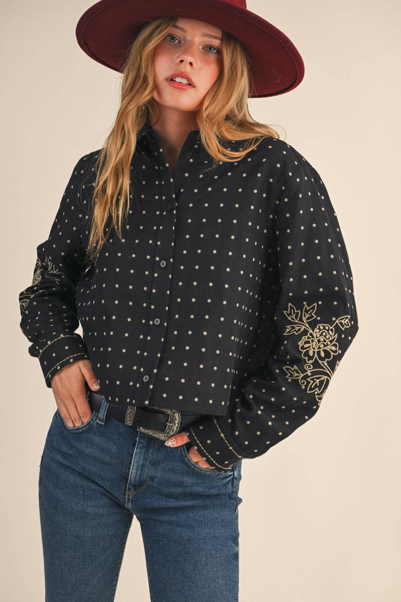 POLKA DOT FLORAL EMBROIDERY BUTTON UP TOP