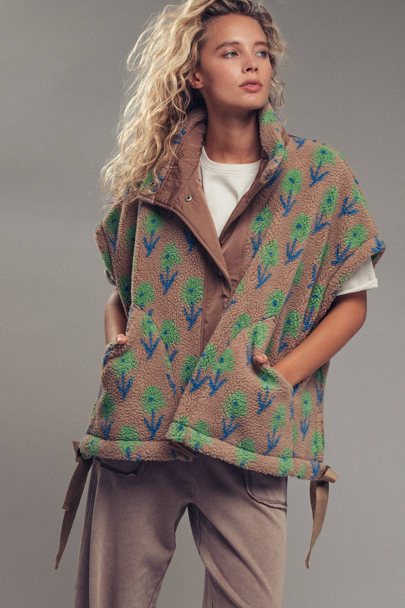 Oversized Floral Sherpa Fleece Vest